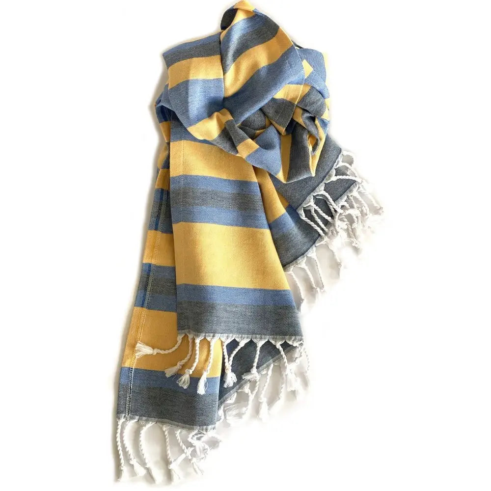 Denim Blue and Yellow Striped Turkish Towel Beach Blanket - NOBLE HOME INTERIORS