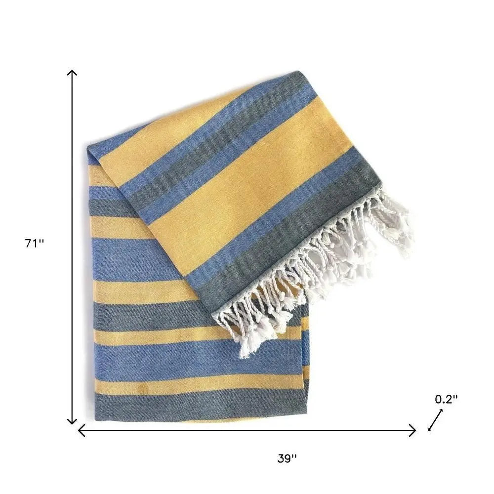 Denim Blue and Yellow Striped Turkish Towel Beach Blanket - NOBLE HOME INTERIORS