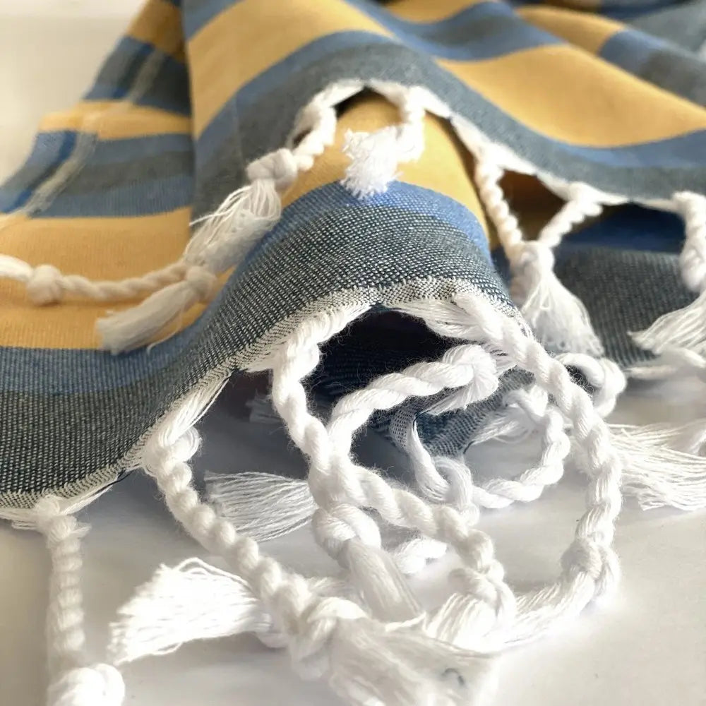 Denim Blue and Yellow Striped Turkish Towel Beach Blanket - NOBLE HOME INTERIORS