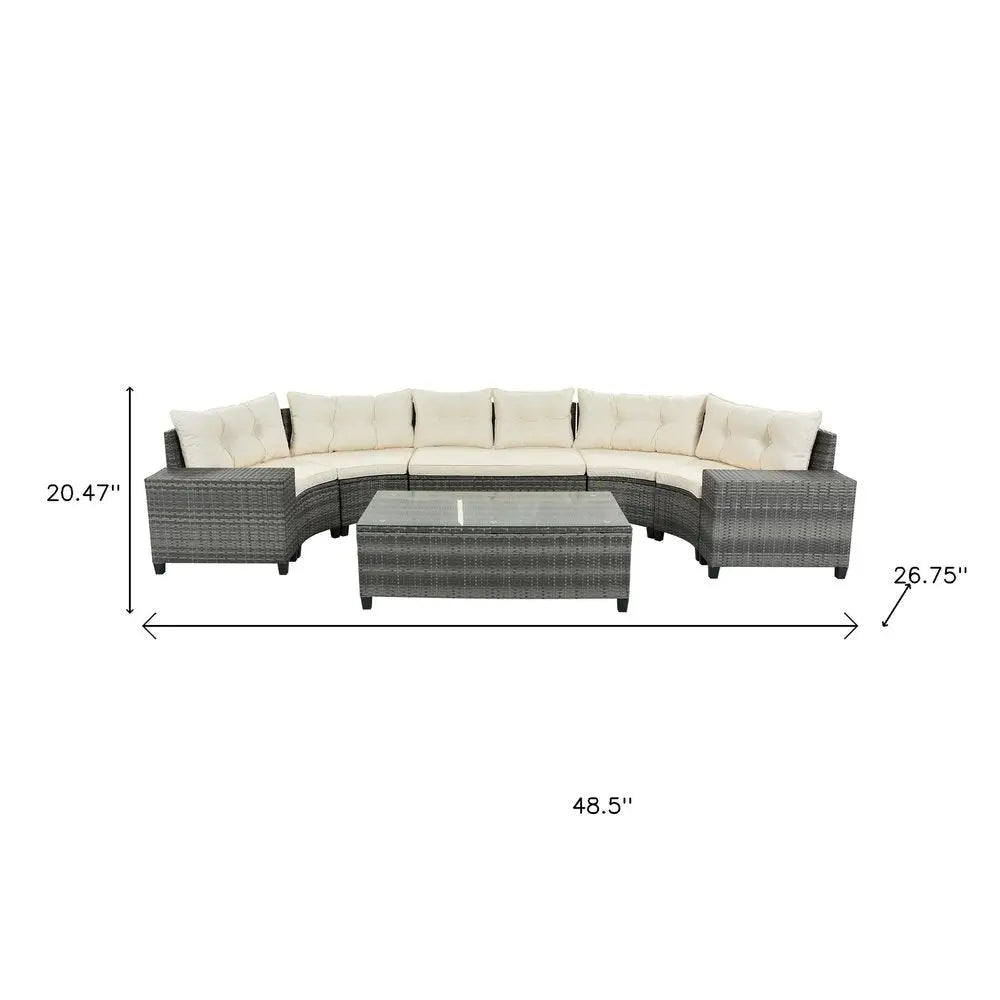 Eight Piece Gray and Beige Wicker Upholstered Cushions Sectional Seating Group With Table - NOBLE HOME INTERIORS
