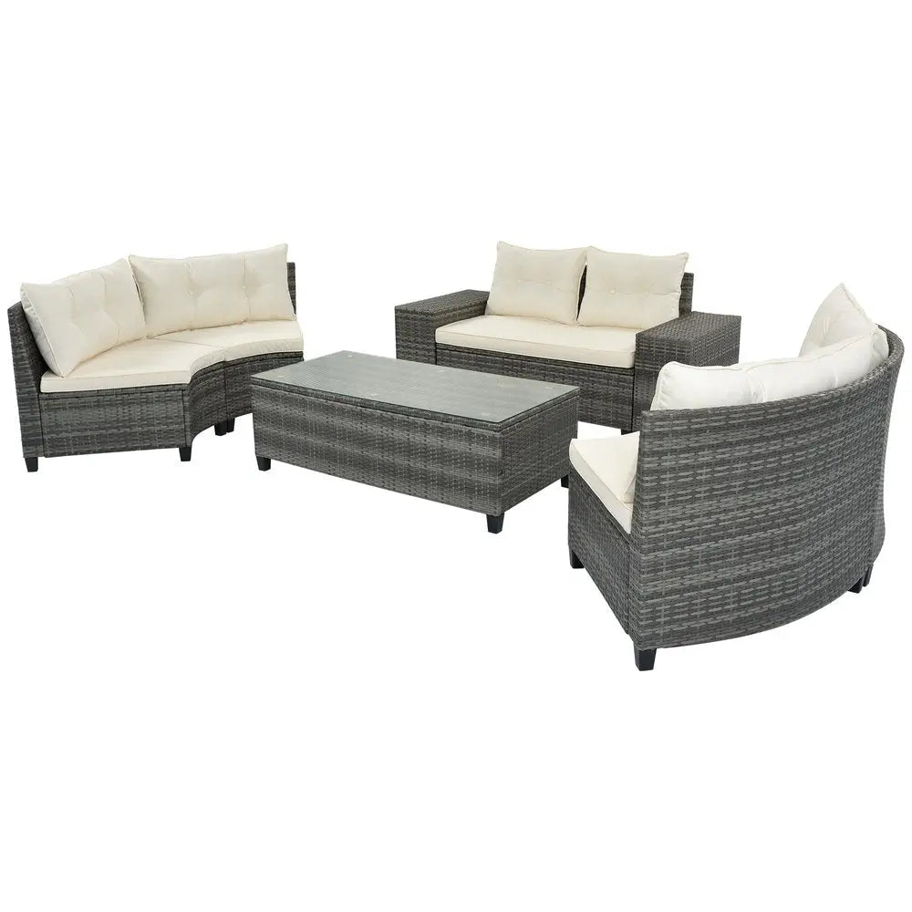 Eight Piece Gray and Beige Wicker Upholstered Cushions Sectional Seating Group With Table - NOBLE HOME INTERIORS