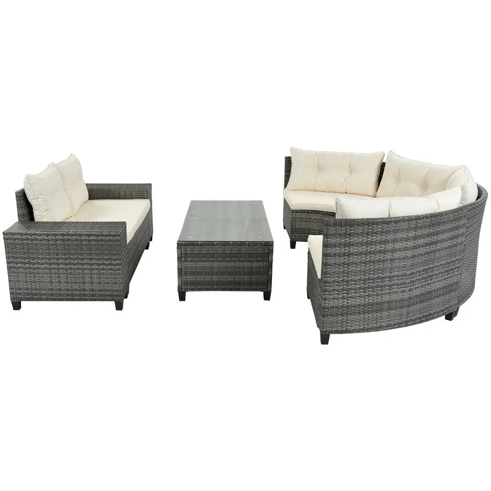 Eight Piece Gray and Beige Wicker Upholstered Cushions Sectional Seating Group With Table - NOBLE HOME INTERIORS