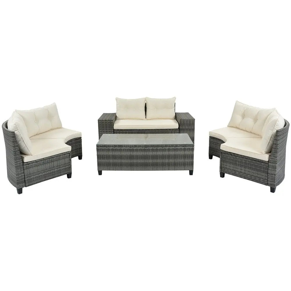 Eight Piece Gray and Beige Wicker Upholstered Cushions Sectional Seating Group With Table - NOBLE HOME INTERIORS