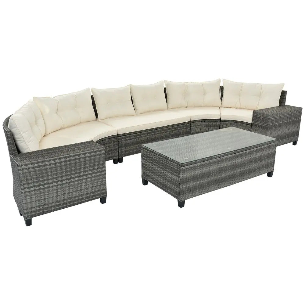Eight Piece Gray and Beige Wicker Upholstered Cushions Sectional Seating Group With Table - NOBLE HOME INTERIORS