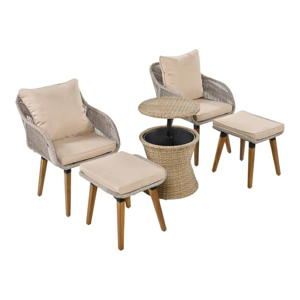 Five Piece Light Gray and Tan Wicker Upholstered Cushions Two Person Seating Group With Table - NOBLE HOME INTERIORS