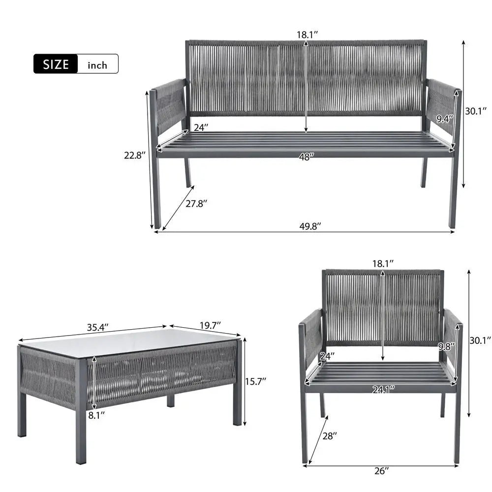 Four Piece Gray Metal Upholstered Cushions Sofa Seating Group With Table - NOBLE HOME INTERIORS