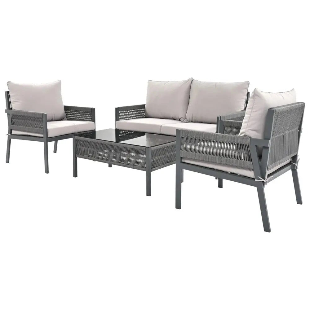 Four Piece Gray Metal Upholstered Cushions Sofa Seating Group With Table - NOBLE HOME INTERIORS