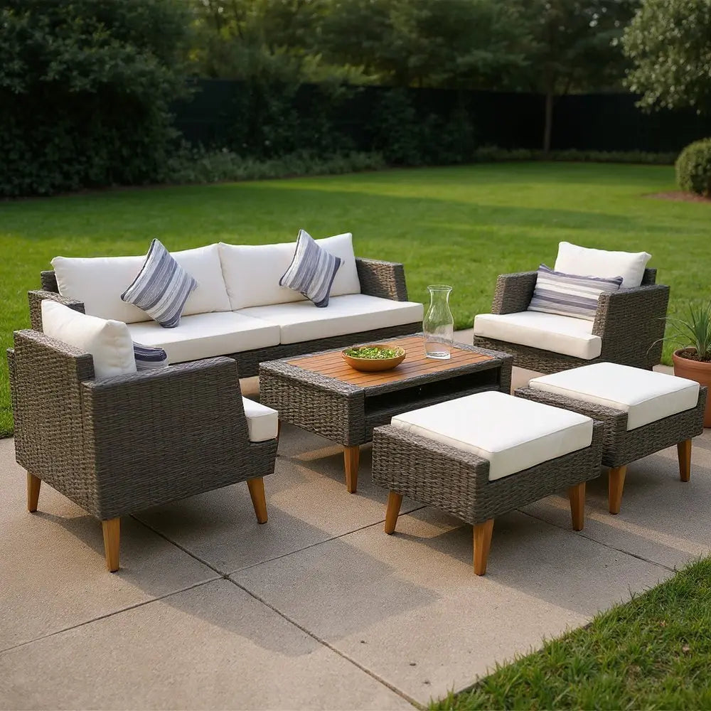 Four Piece Outdoor Gray Wicker Sofa Seating Group with Gray Cushions - NOBLE HOME INTERIORS