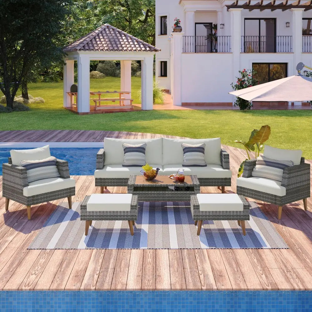 Four Piece Outdoor Gray Wicker Sofa Seating Group with Gray Cushions - NOBLE HOME INTERIORS
