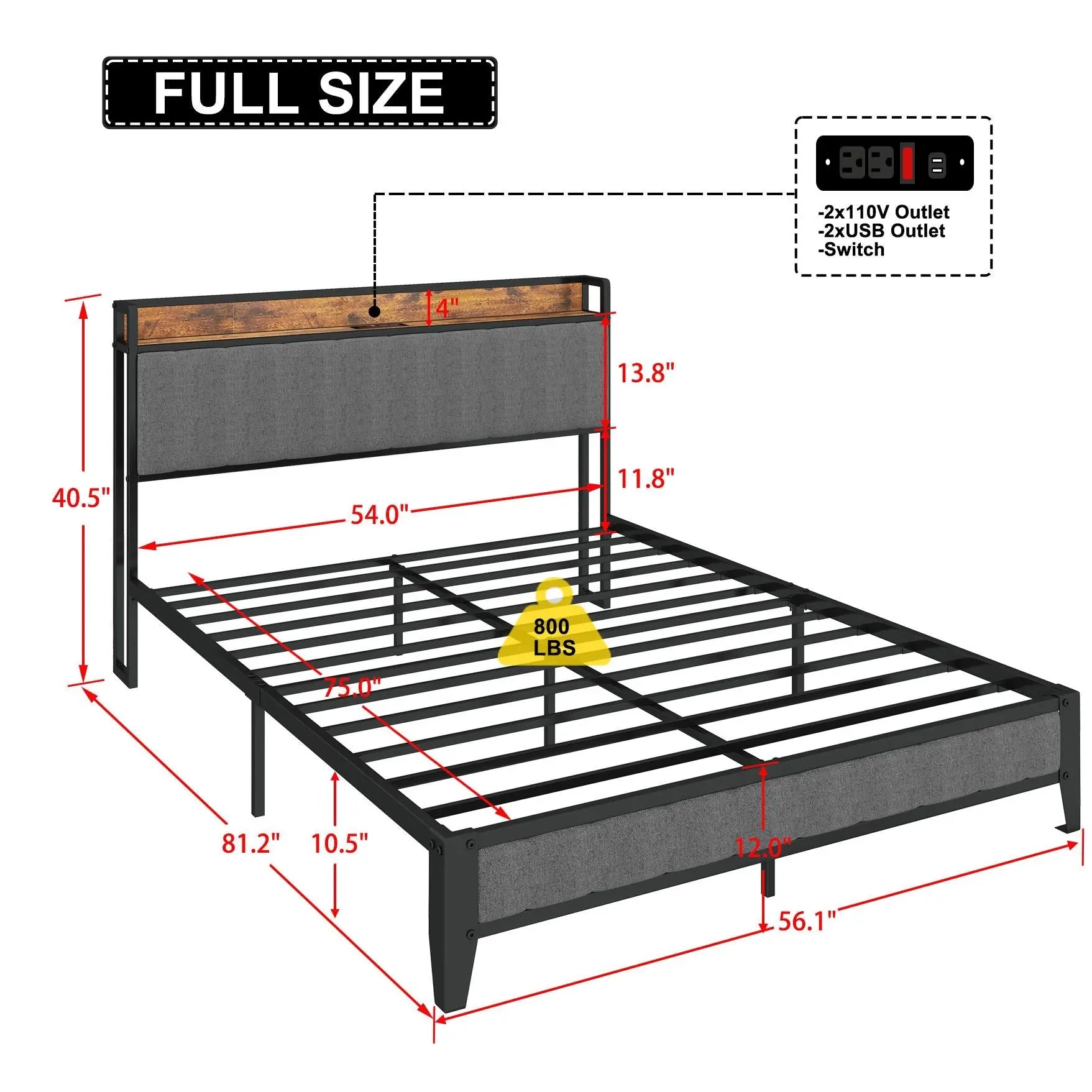 Full - Size，Full metal bed frame with charging headboard. - NOVA - HOME - FURNITURE