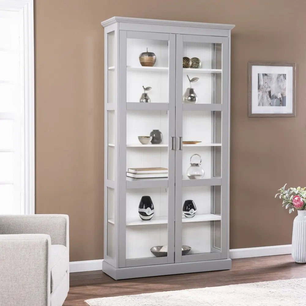 Gray Cornice Molding Double Door Curio Cabinet - NOVA HOME FURNITURE