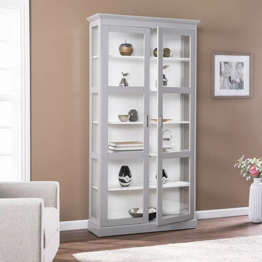 Gray Cornice Molding Double Door Curio Cabinet - NOVA HOME FURNITURE