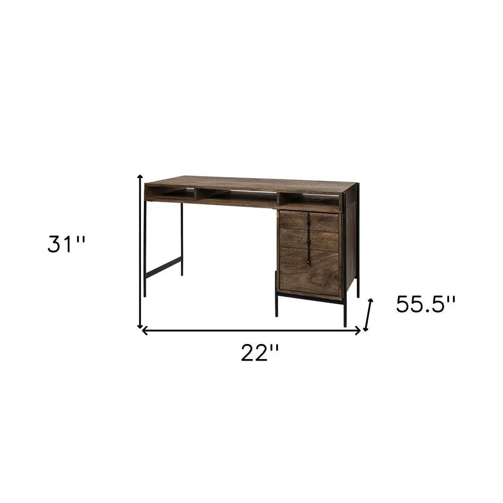 Medium Brown Wooden Writing Desk With 3 Drawers And 3 Open Shelves - NOBLE HOME INTERIORS
