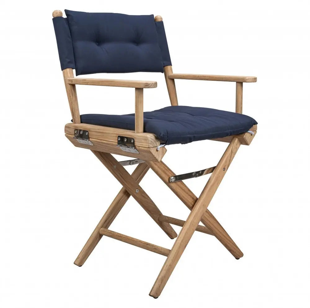 Navy Blue And Brown Solid Wood Director Chair With Navy Blue Cushion - NOBLE HOME INTERIORS