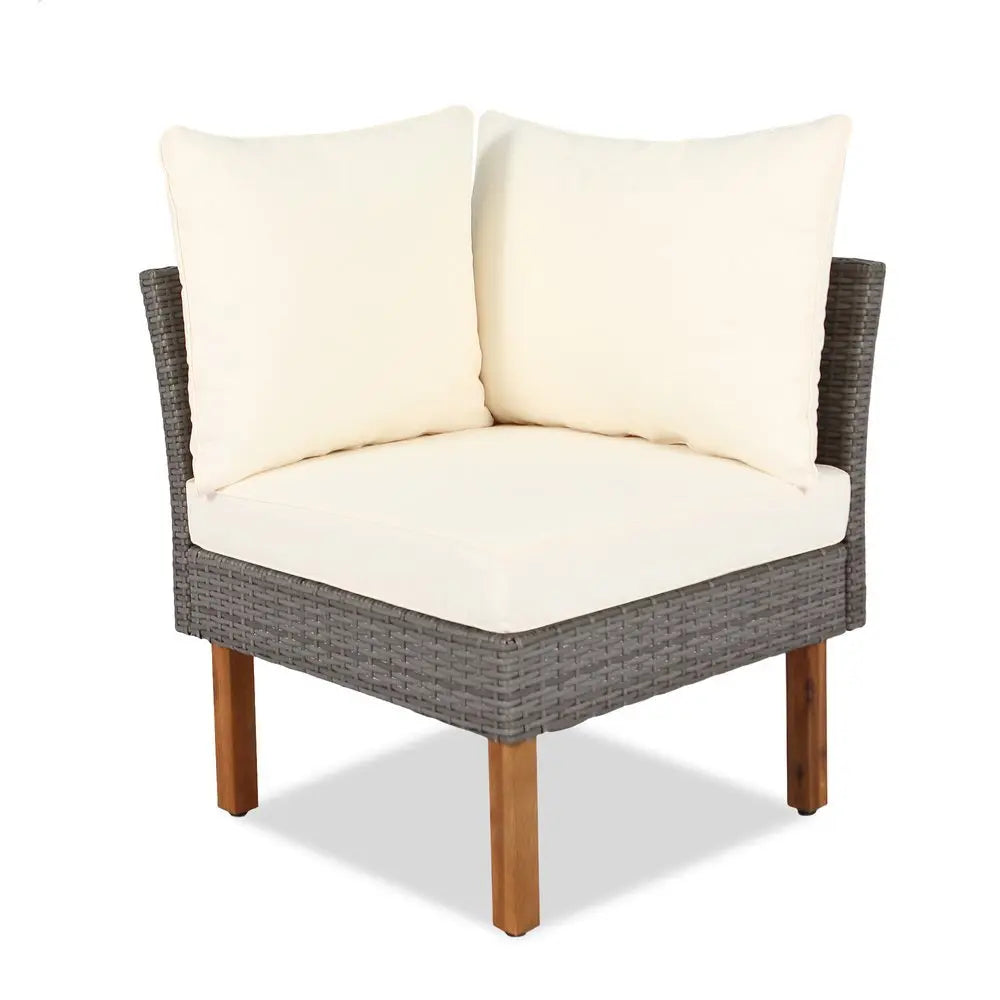 Nine Piece Gray and Beige Rattan Upholstered Cushions Sectional Seating Group With Table - NOBLE HOME INTERIORS