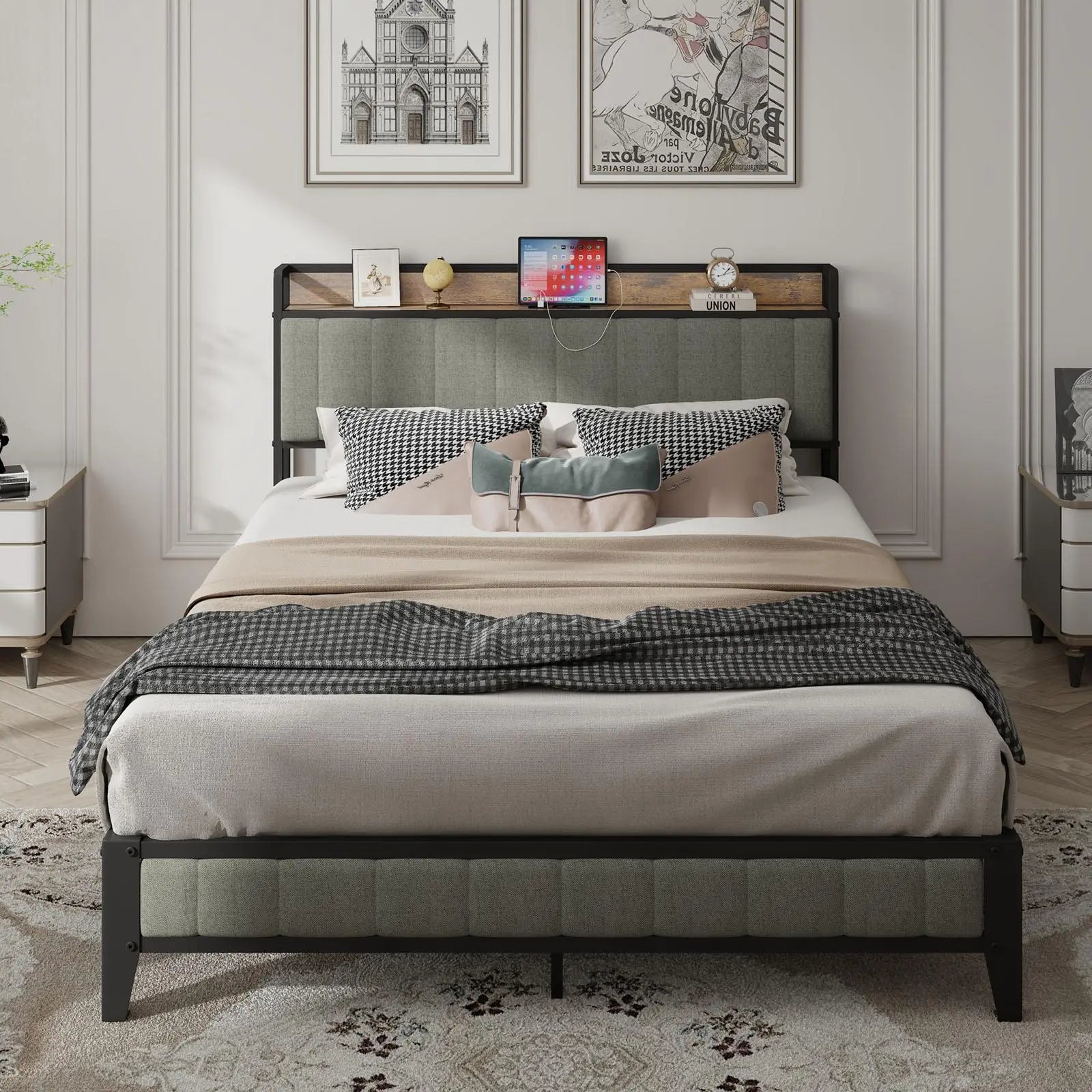 Queen - Size，Full metal bed frame with charging port at the head of the bed. - NOVA - HOME - FURNITURE