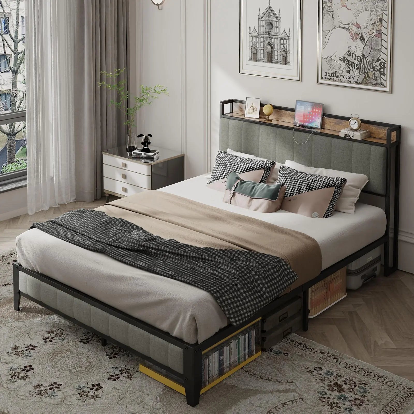 Queen - Size，Full metal bed frame with charging port at the head of the bed. - NOVA - HOME - FURNITURE