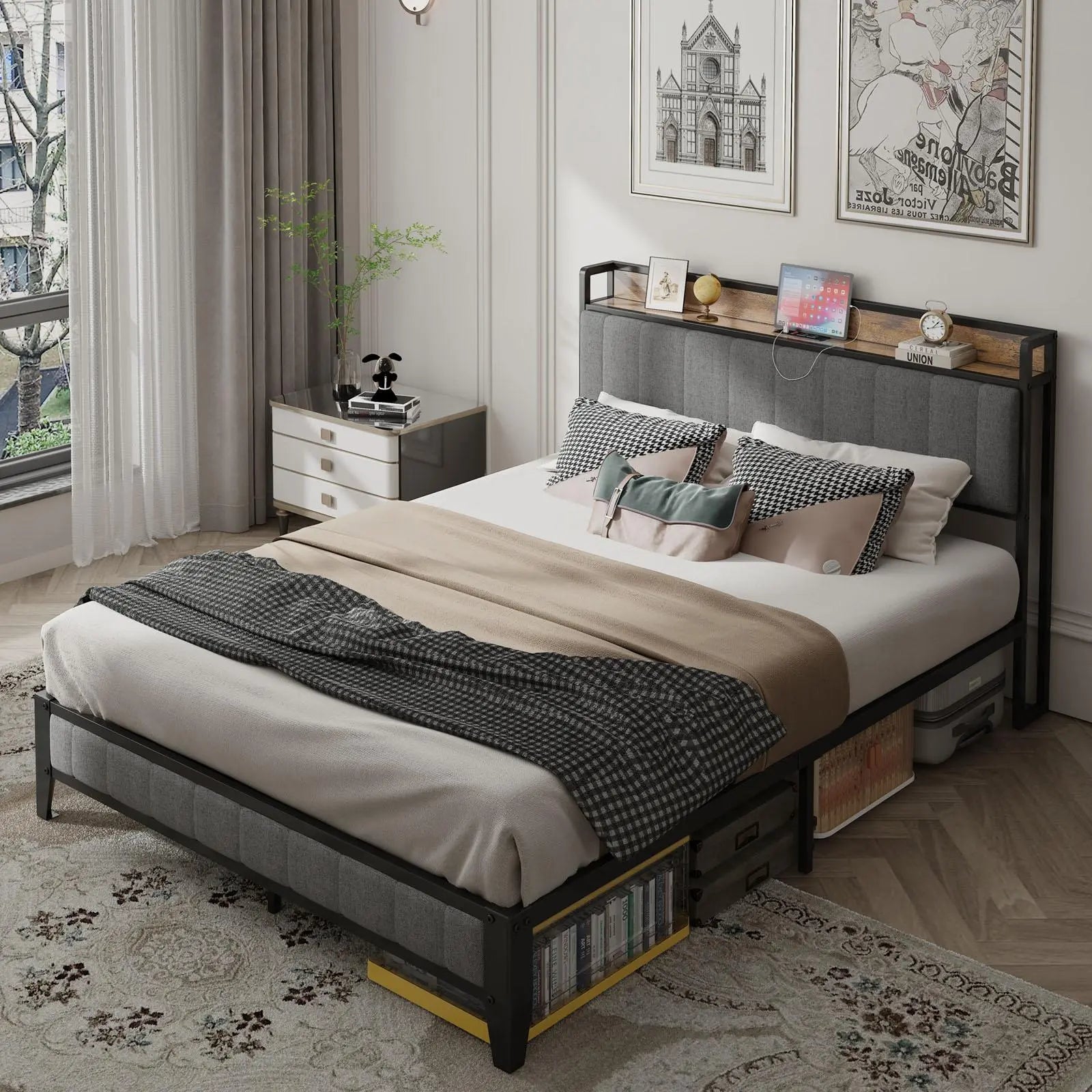 Queen - Size，Full metal bed frame with charging port at the head of the bed. - NOVA - HOME - FURNITURE