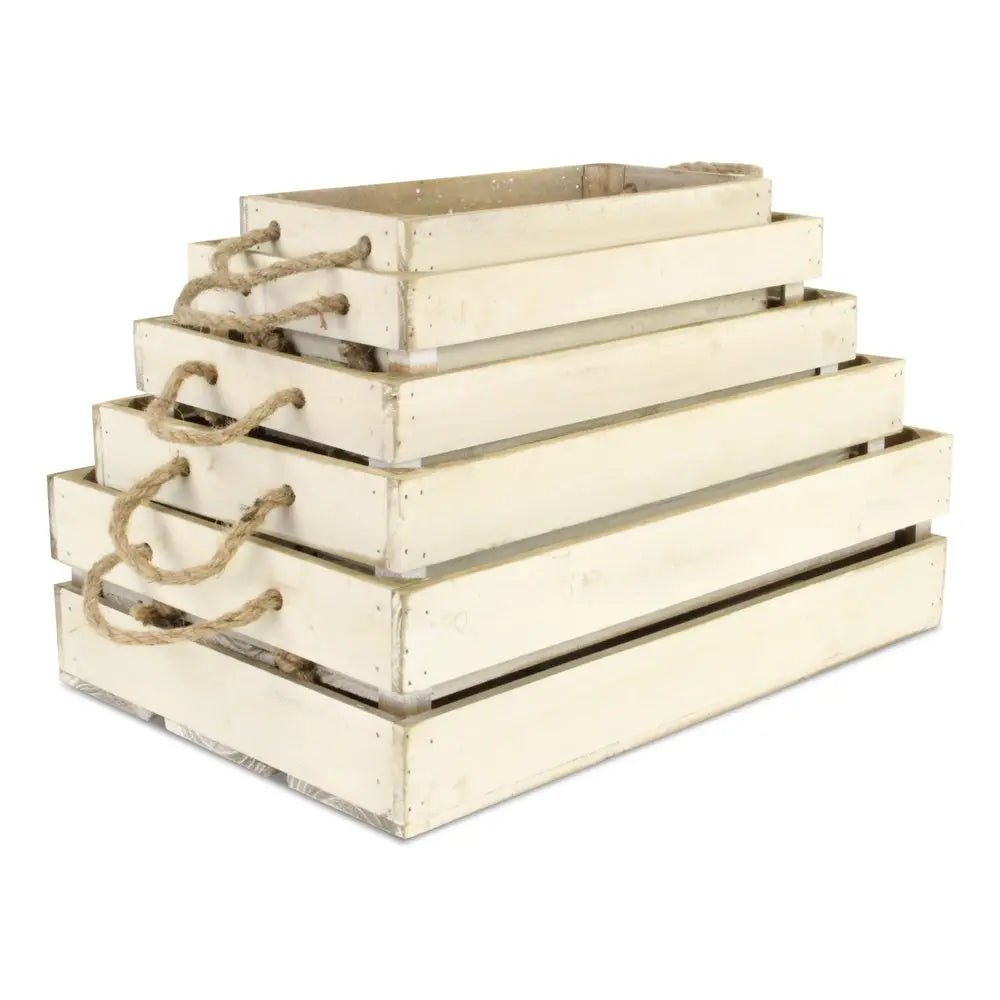 Set of Five Antiqued White Solid Wood Crate - NOBLE HOME INTERIORS