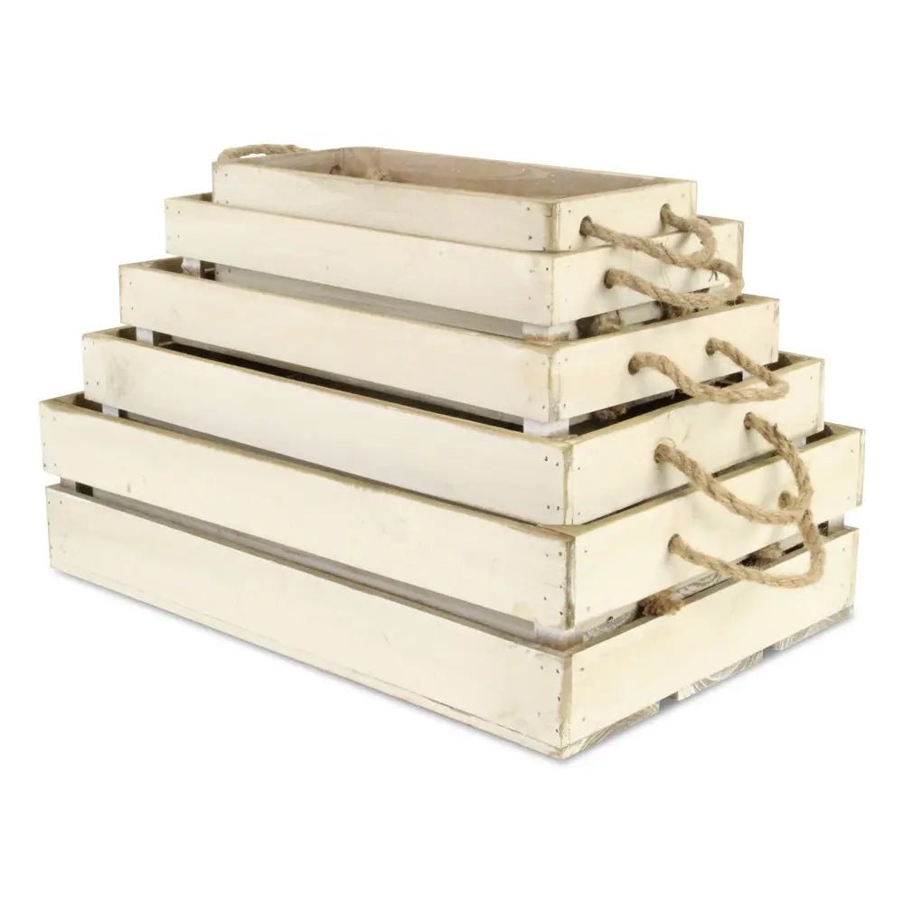 Set of Five Antiqued White Solid Wood Crate - NOBLE HOME INTERIORS