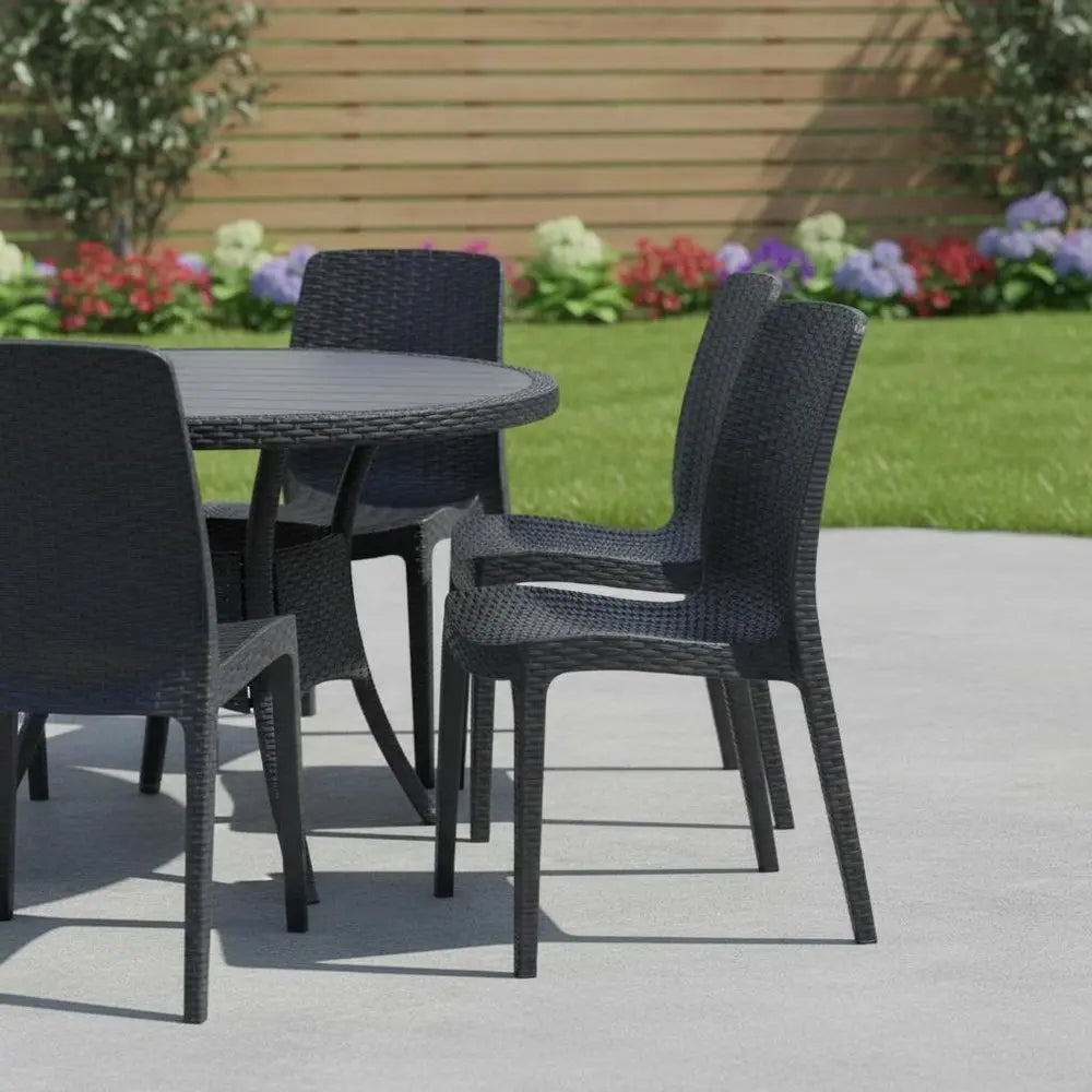 Set of Four Black Heavy Duty Plastic Outdoor Stacking Dining Chairs - NOBLE HOME INTERIORS
