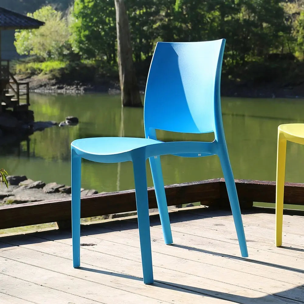 Set of Four Blue Heavy Duty Plastic Outdoor Stacking Dining Chairs - NOBLE HOME INTERIORS
