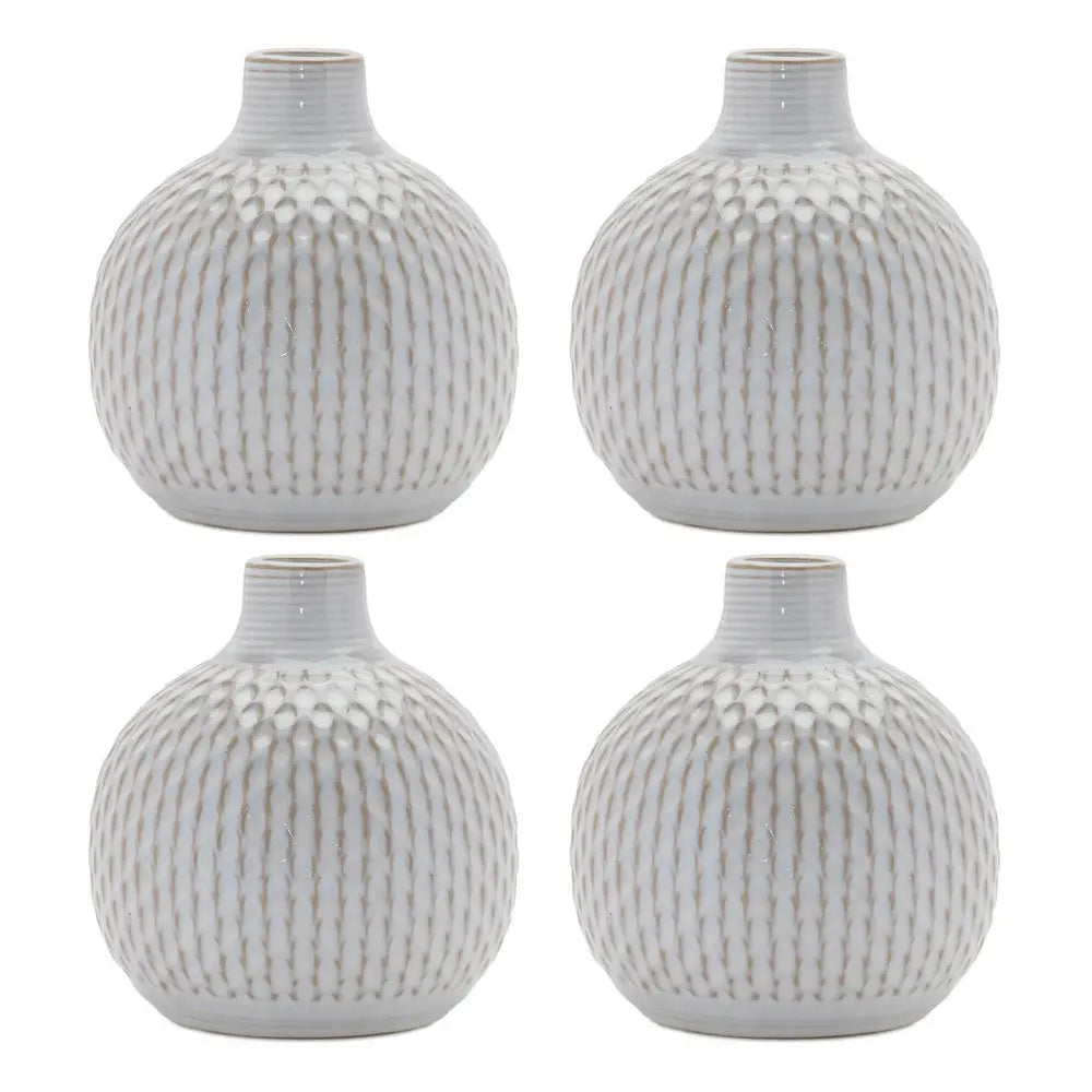 Set of Four Natural And Off White Ceramic Bud Vases With Sculptural Details - NOBLE HOME INTERIORS