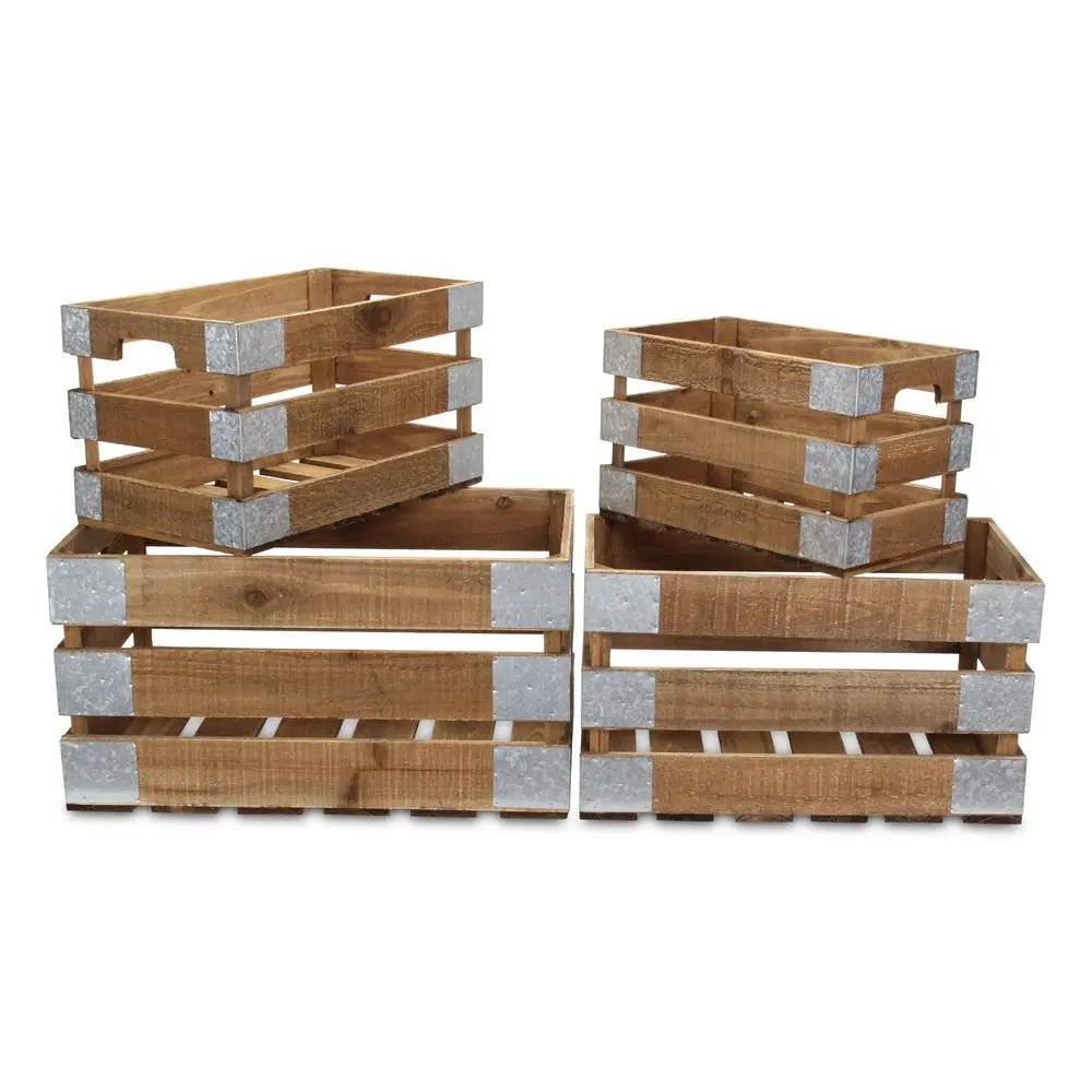 Set of Four Natural Solid Wood And Metal Crate - NOBLE HOME INTERIORS