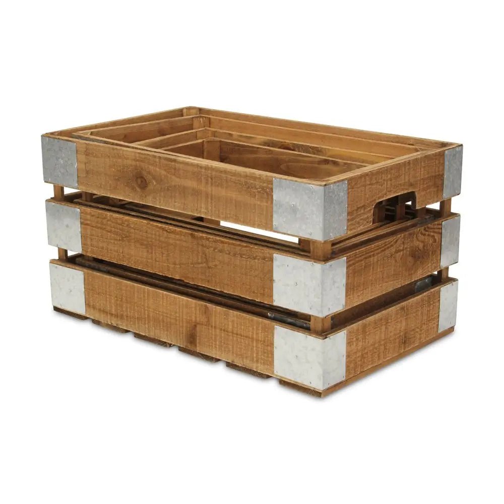 Set of Four Natural Solid Wood And Metal Crate - NOBLE HOME INTERIORS
