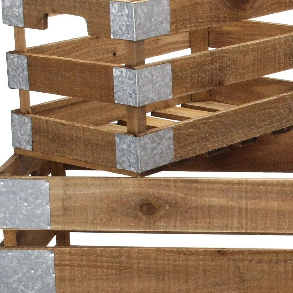 Set of Four Natural Solid Wood And Metal Crate - NOBLE HOME INTERIORS
