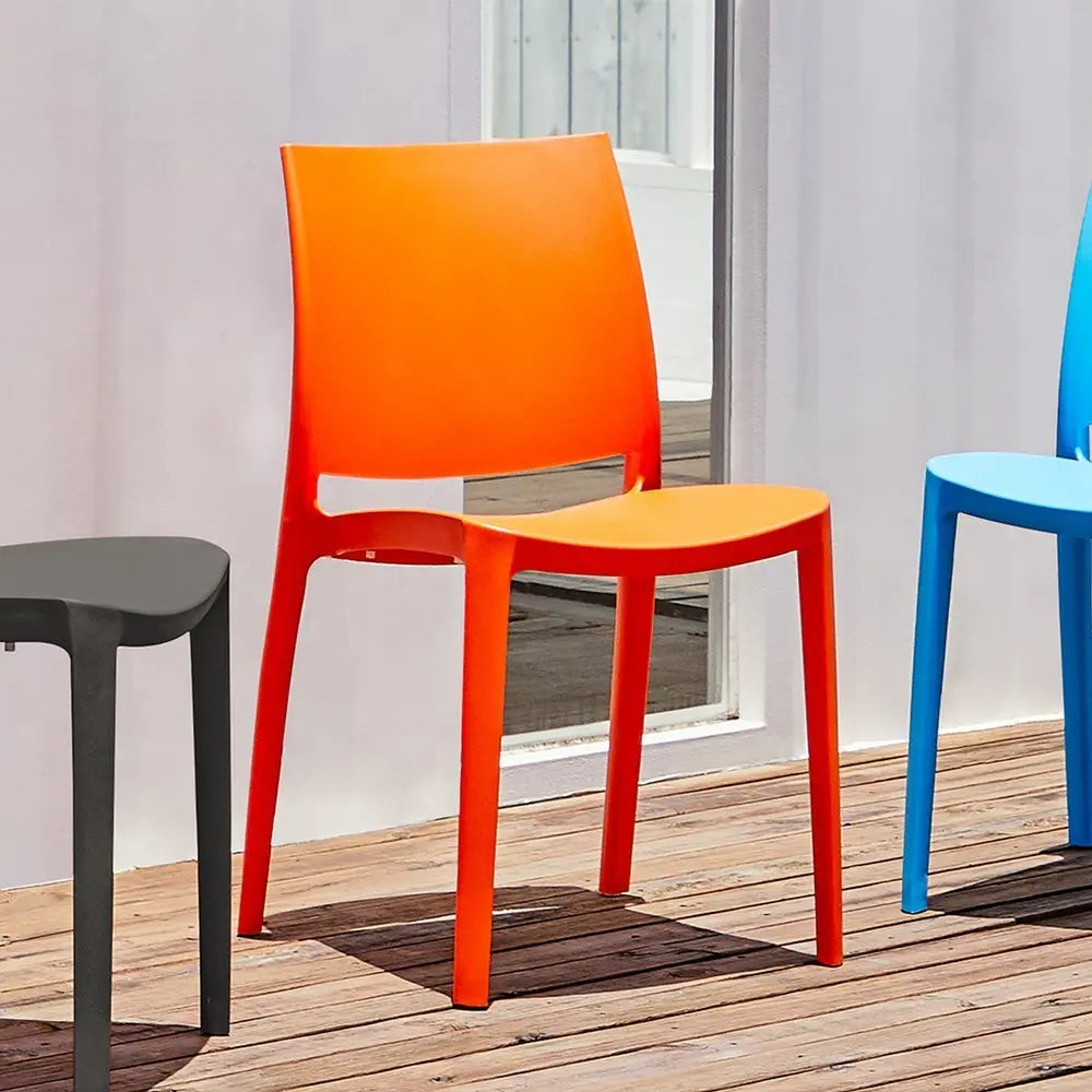 Set of Four Orange Heavy Duty Plastic Outdoor Stacking Dining Chairs - NOBLE HOME INTERIORS