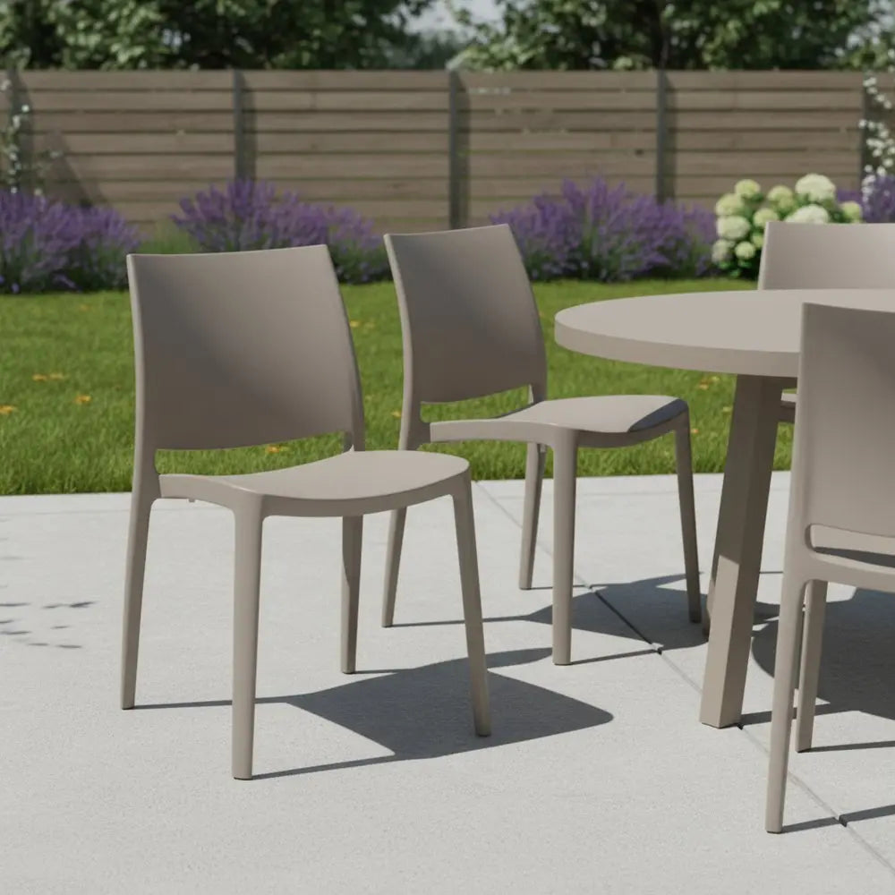 Set of Four Taupe Heavy Duty Plastic Outdoor Stacking Dining Chairs - NOBLE HOME INTERIORS
