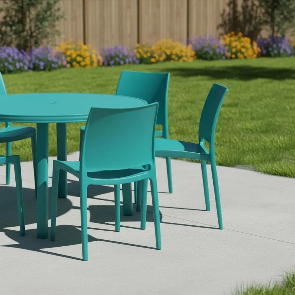Set of Four Turquoise Heavy Duty Plastic Outdoor Stacking Dining Chairs - NOBLE HOME INTERIORS