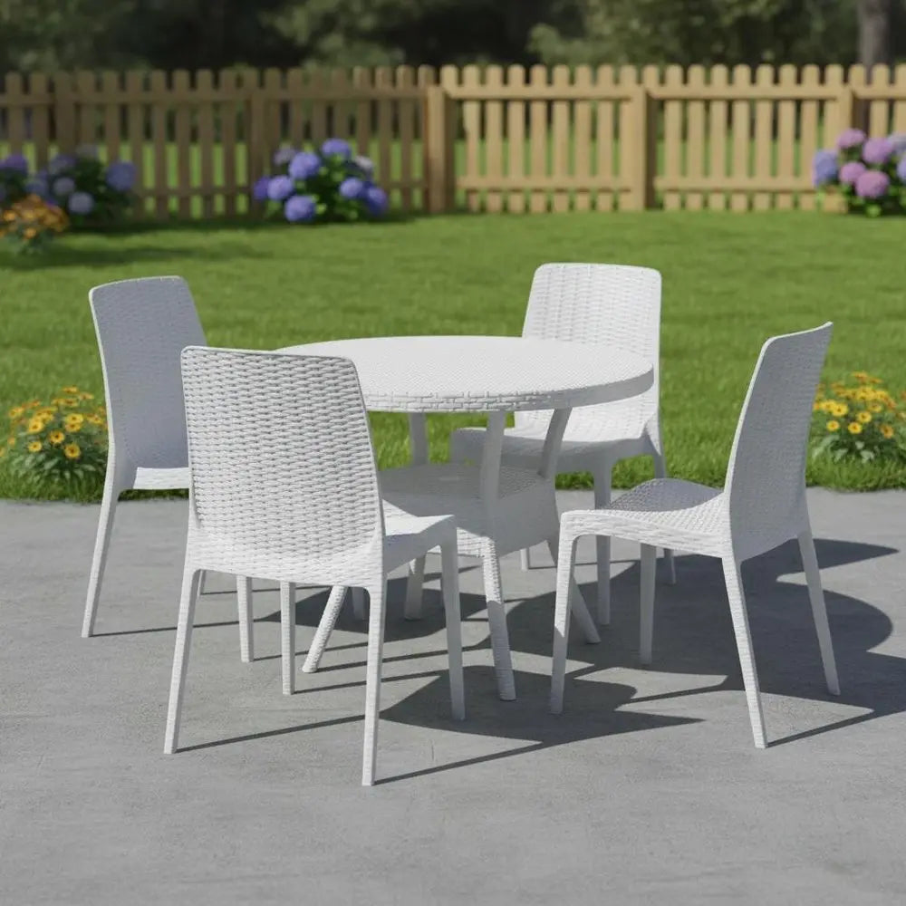 Set of Four White Heavy Duty Plastic Outdoor Stacking Dining Chairs - NOBLE HOME INTERIORS