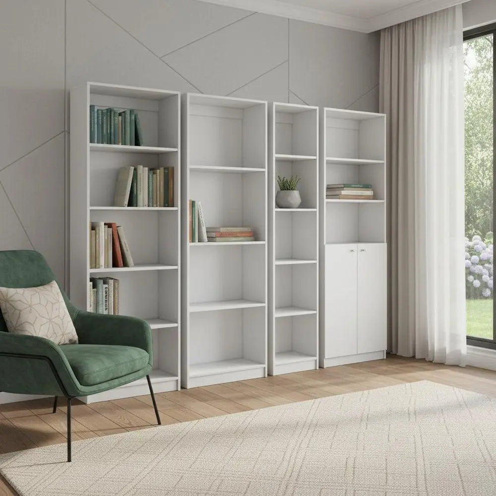 Set of Four White Wood Seventeen Tier Modular Bookcase with Two Doors - NOBLE HOME INTERIORS