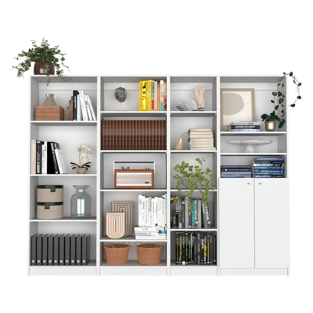 Set of Four White Wood Seventeen Tier Modular Bookcase with Two Doors - NOBLE HOME INTERIORS