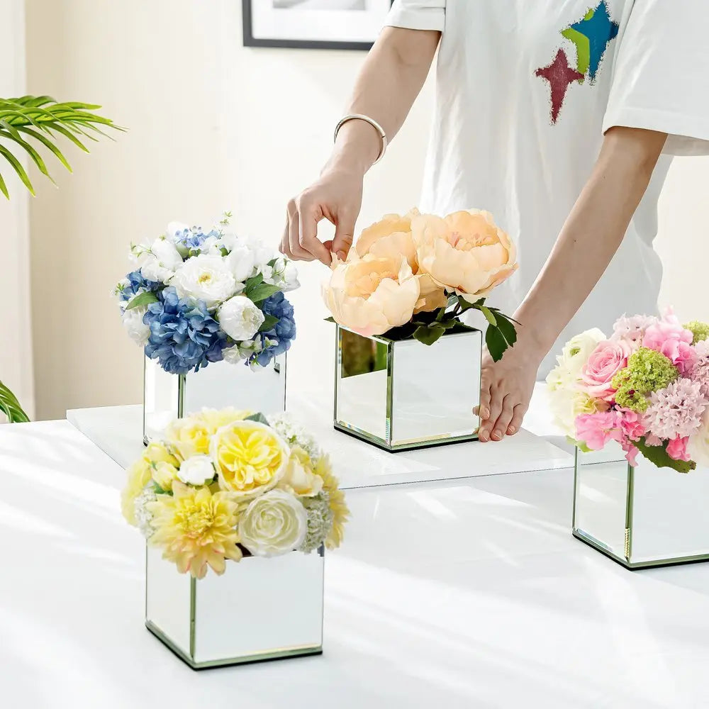 Set of Six Silver Mirrored Glass Square Table Vases - NOBLE HOME INTERIORS