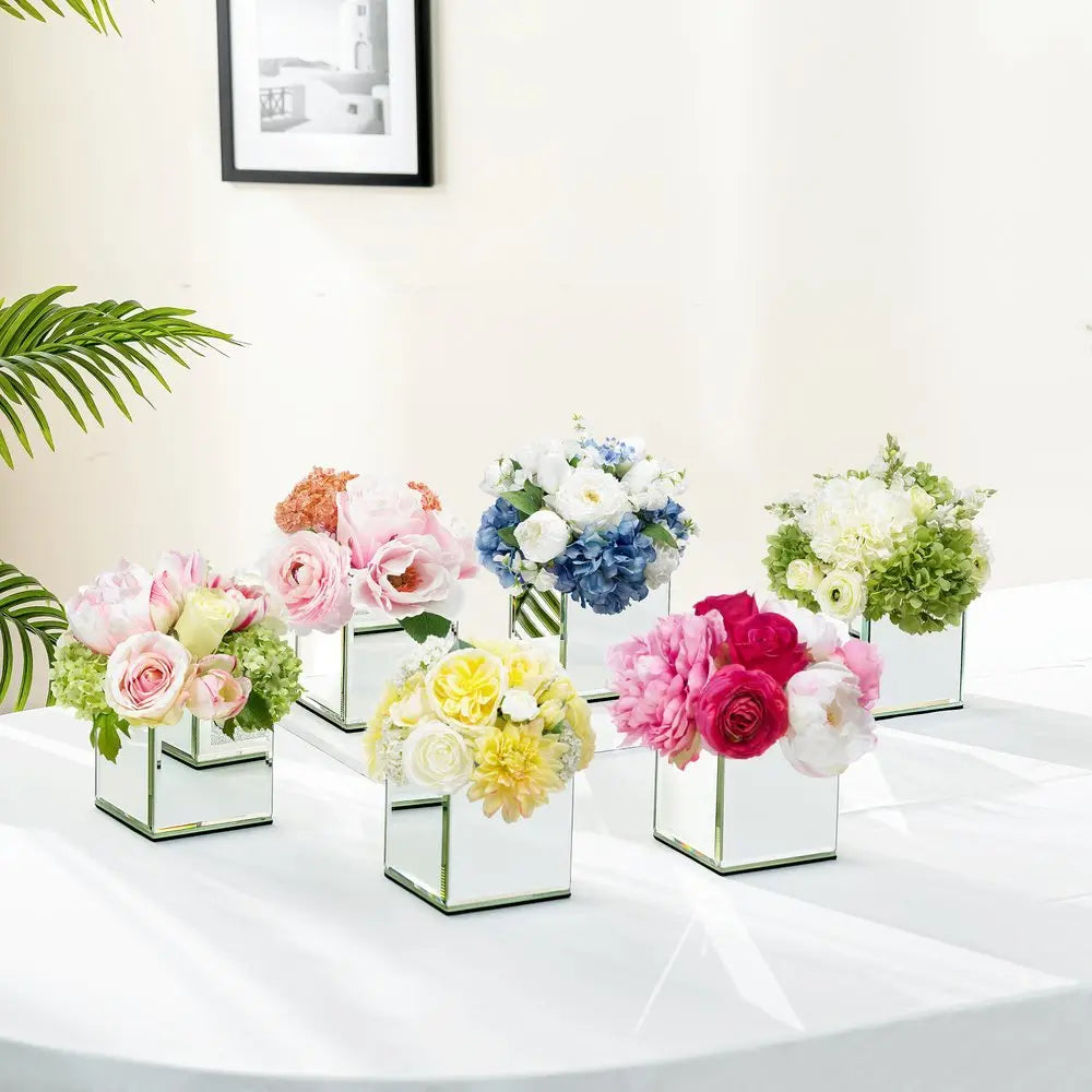 Set of Six Silver Mirrored Glass Square Table Vases - NOBLE HOME INTERIORS