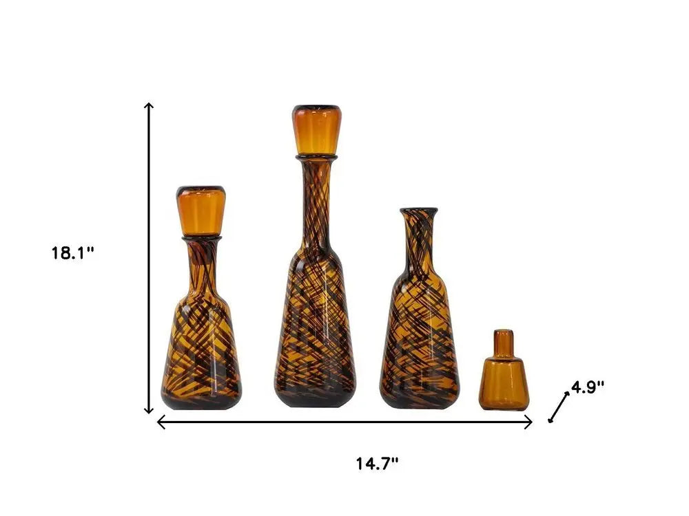 Set of Three Amber Abstract Swirl Glass Decorative Bottles With Stoppers - NOBLE HOME INTERIORS