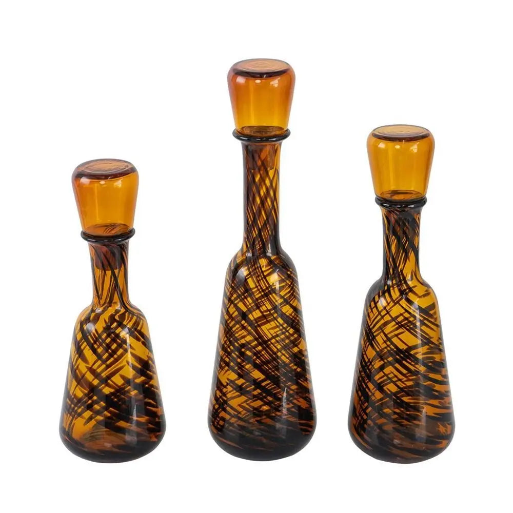Set of Three Amber Abstract Swirl Glass Decorative Bottles With Stoppers - NOBLE HOME INTERIORS