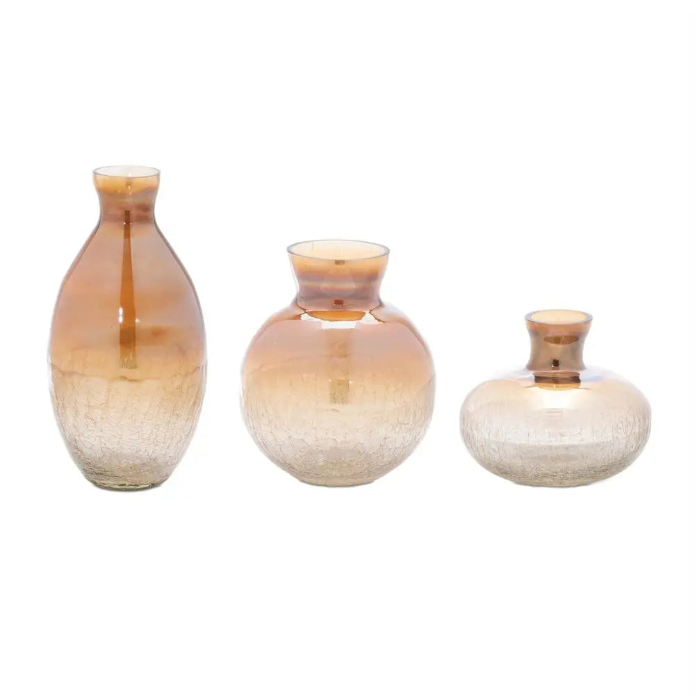 Set of Three Beige And Brown Crackle Glaze Glass Table Vases - NOBLE HOME INTERIORS