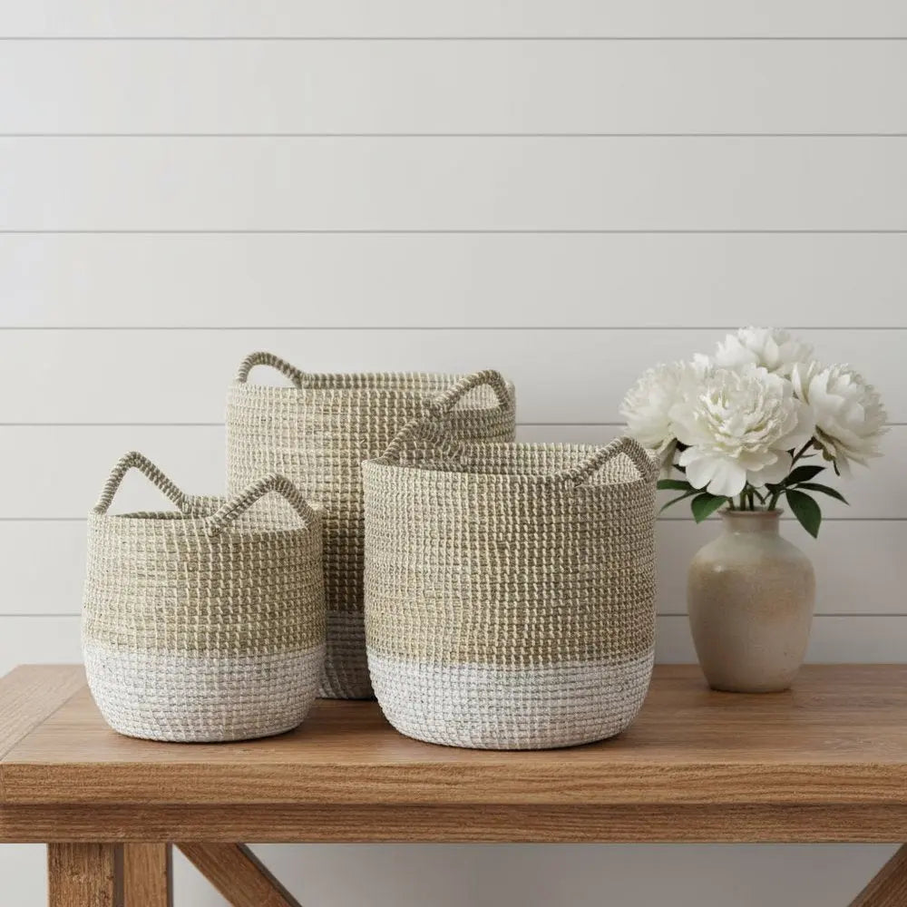Set of Three Beige And White Wicker Desk Organizer - NOBLE HOME INTERIORS