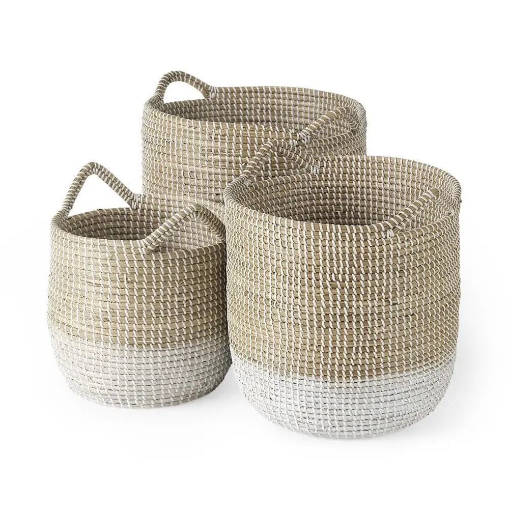 Set of Three Beige And White Wicker Desk Organizer - NOBLE HOME INTERIORS