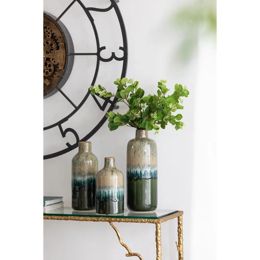 Set of Three Beige Blue And Green Round Ceramic Table Vase - NOBLE HOME INTERIORS