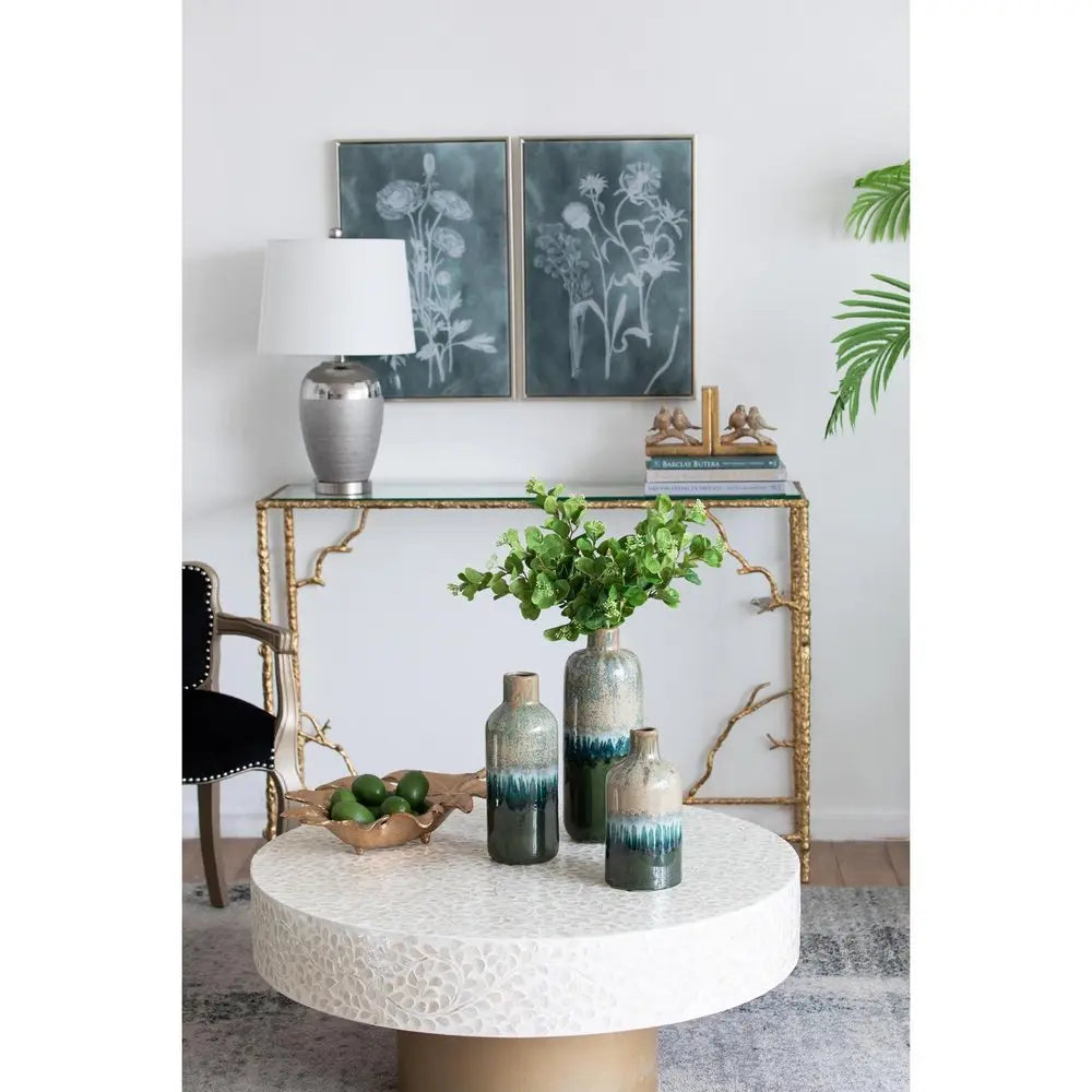 Set of Three Beige Blue And Green Round Ceramic Table Vase - NOBLE HOME INTERIORS