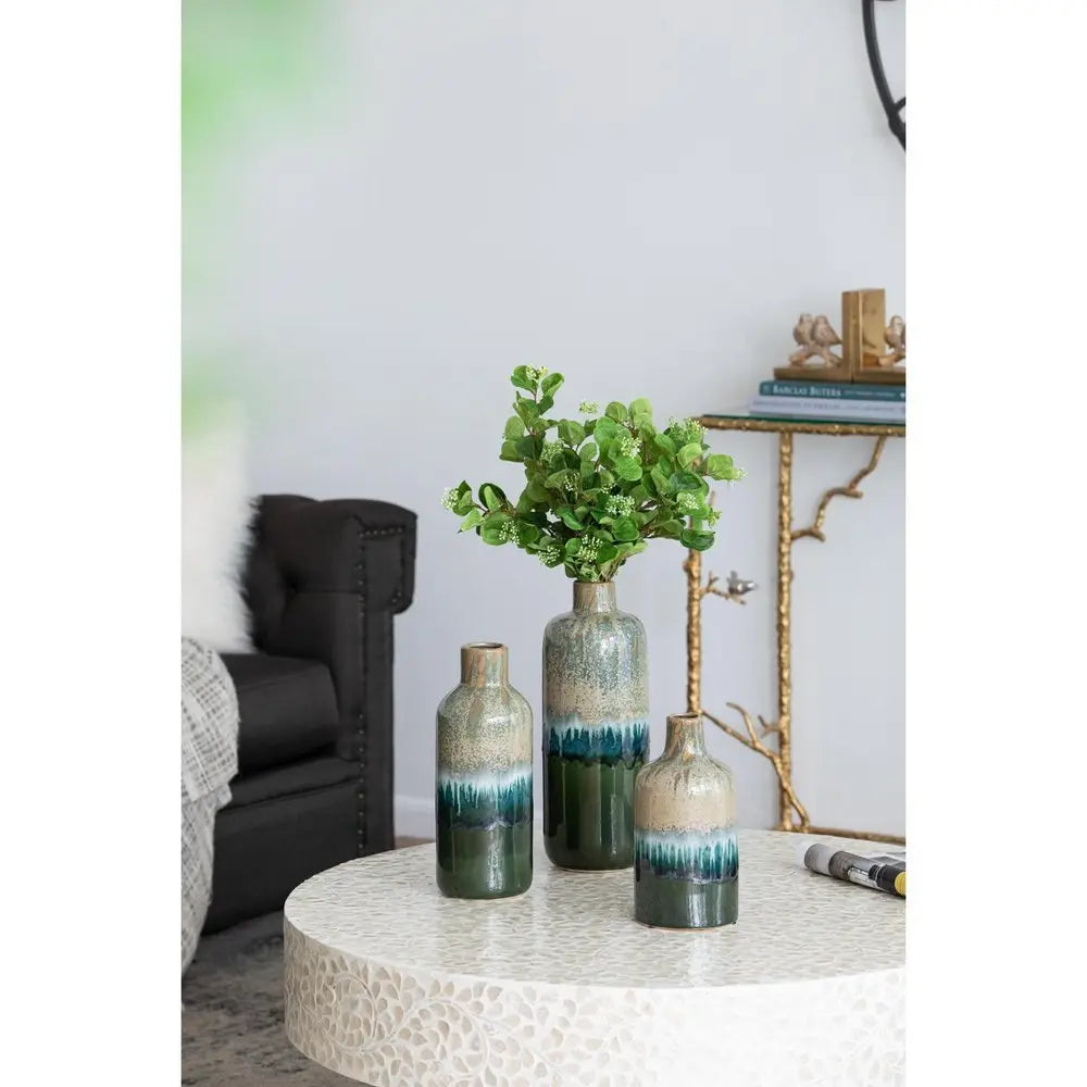 Set of Three Beige Blue And Green Round Ceramic Table Vase - NOBLE HOME INTERIORS