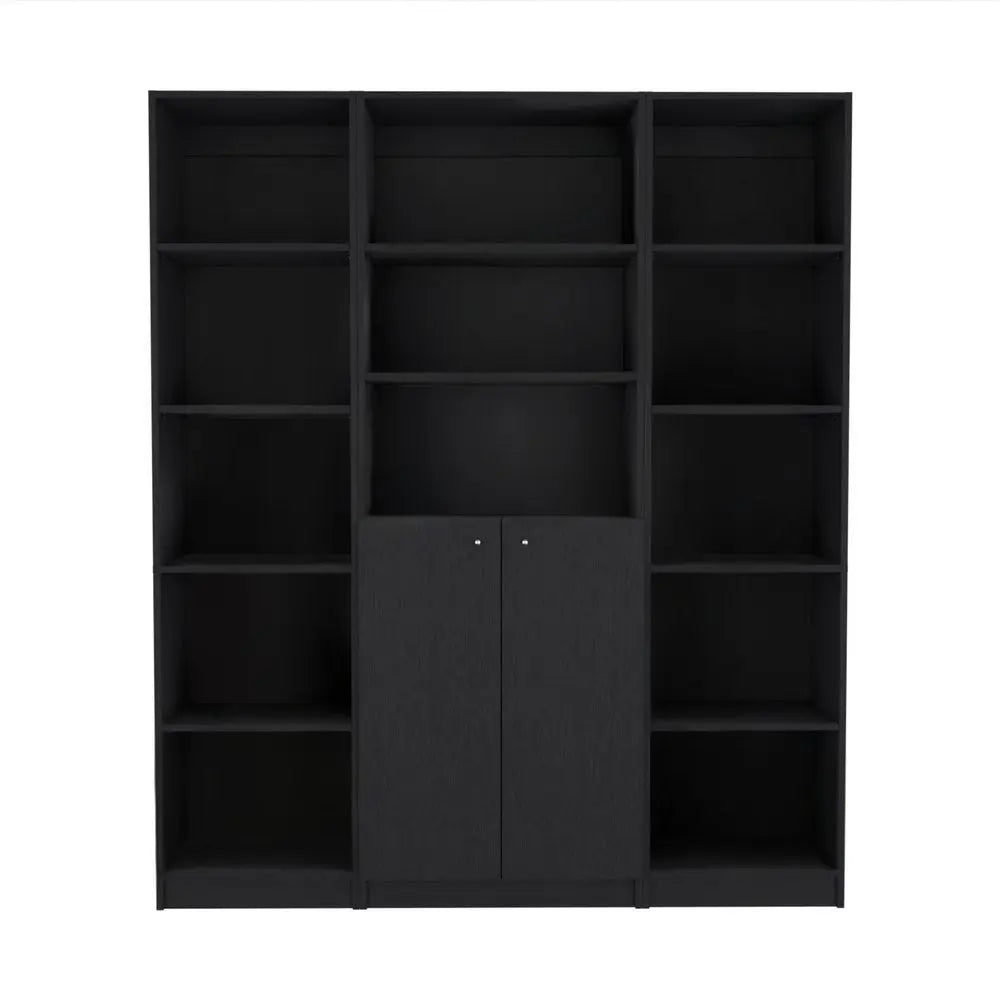 Set of Three Black Five Tier Bookcases with Two Doors - NOBLE HOME INTERIORS