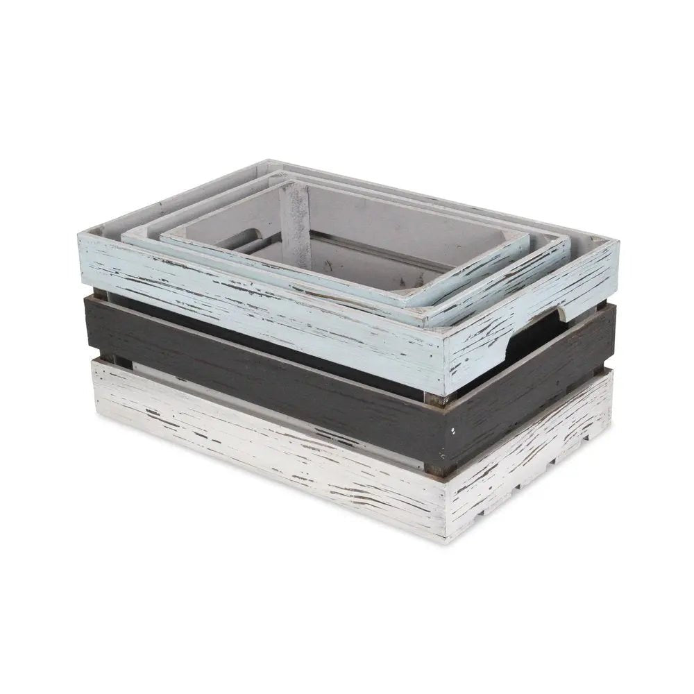 Set of Three Black Light Blue And Off White Solid Wood Crate - NOBLE HOME INTERIORS