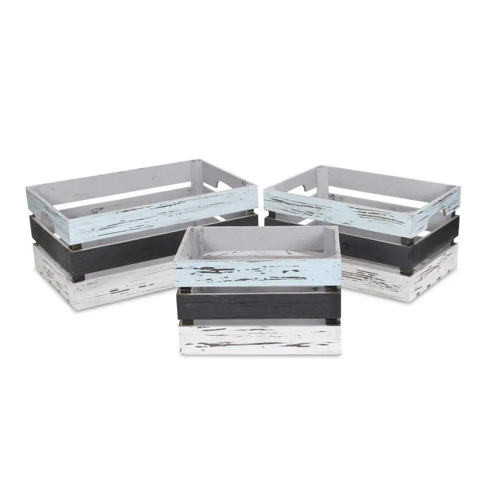 Set of Three Black Light Blue And Off White Solid Wood Crate - NOBLE HOME INTERIORS