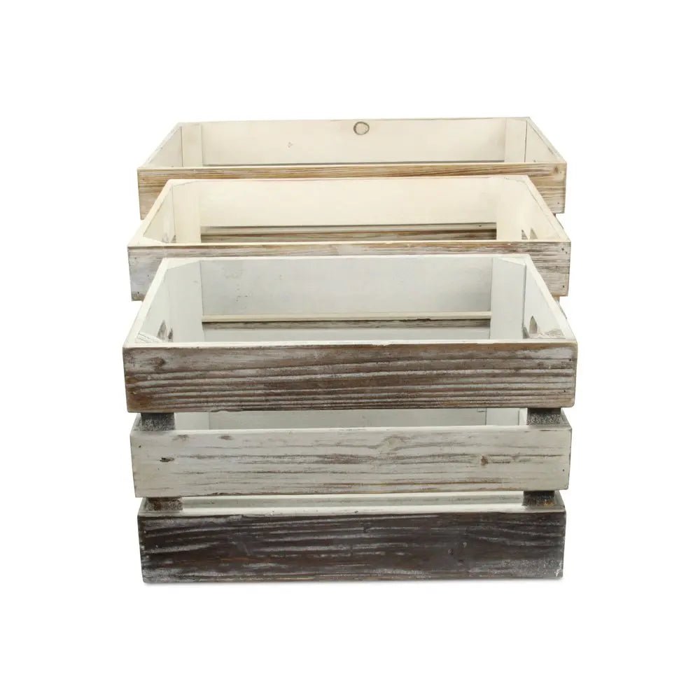 Set of Three Black Off White And Walnut Solid Wood Crate - NOBLE HOME INTERIORS